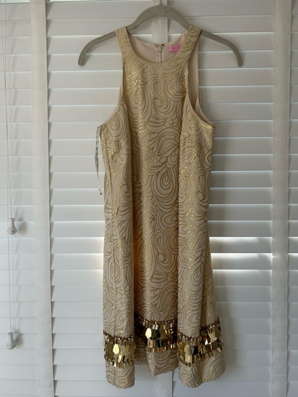 Lilly Pulitzer Shift Dress Gold Silk Mini Tan Sequins XS - Picture 2 of 9